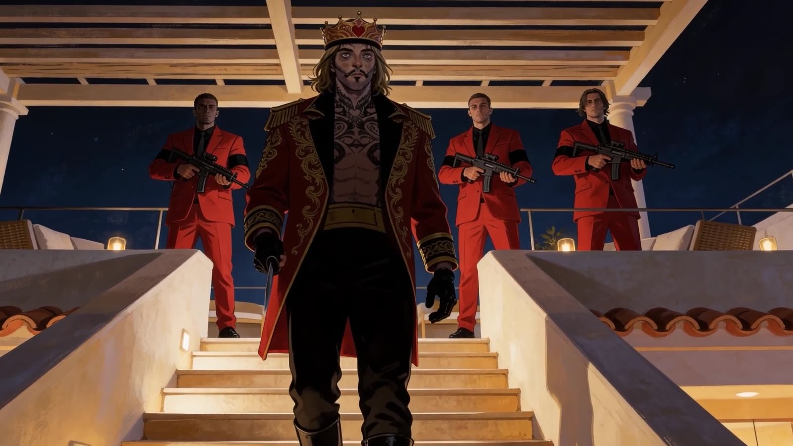 A painted crime boss in a red coat descends a staircase flanked by armed men