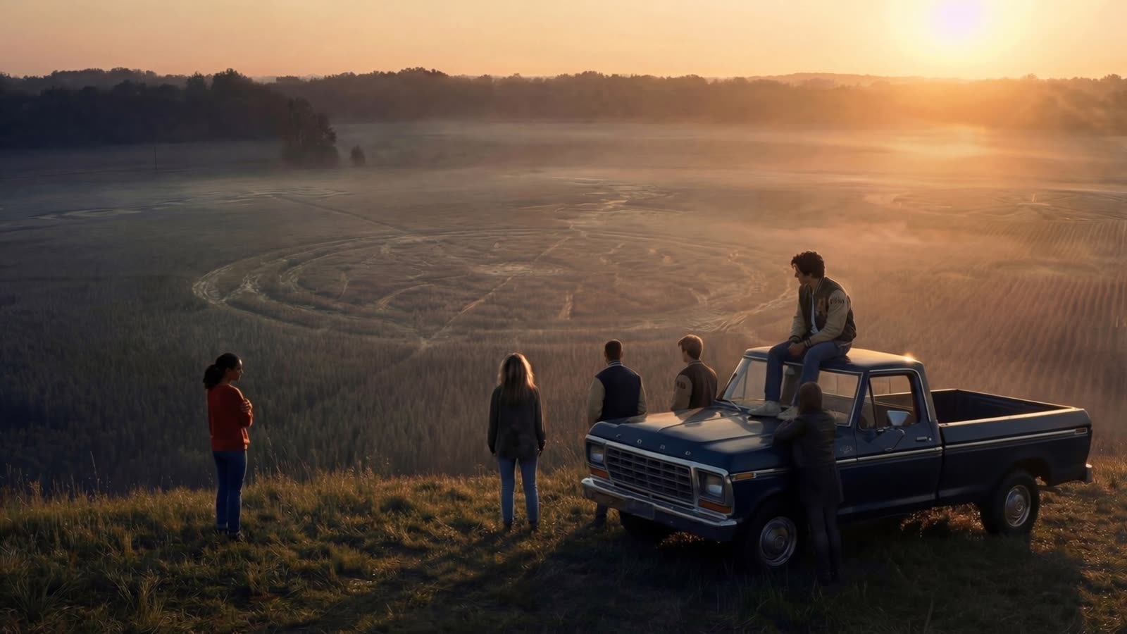 Five teenagers and a pickup truck look out over a crop circle at sunrise